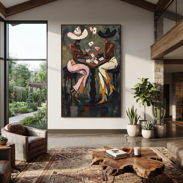"Pink Suit Saloon Game" - Modern Heavy Impasto Beach Figure Artwork | Green & Pink Palette Knife Painting | Luxury Vertical Wall Art #PT 2759