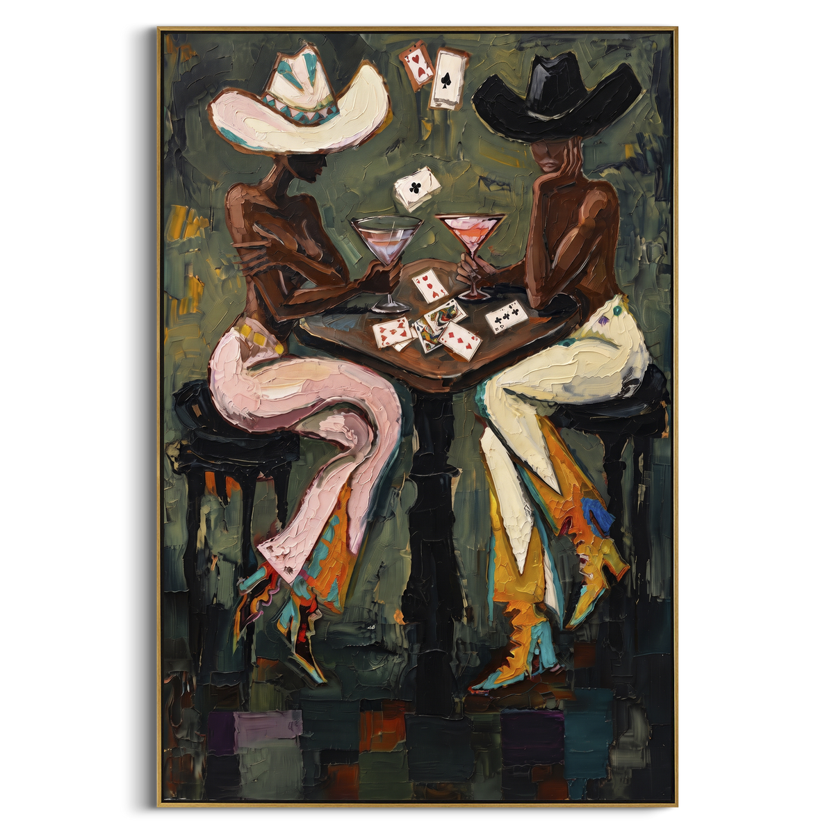 Pink Suit Saloon Game focuses on pink suit saloon game with two western figures, wide hats, black table or bar surface, martini glasses, floating playing cards, and dark olive saloon ground. The composition is built from the exact pose, clothing shape, accessories, furniture, animal form, shoreline, palm shape, surfboard, or table arrangement visible in this artwork, so the image reads as a specific modern figurative painting rather than a generic decorative abstract. The green; pink; black