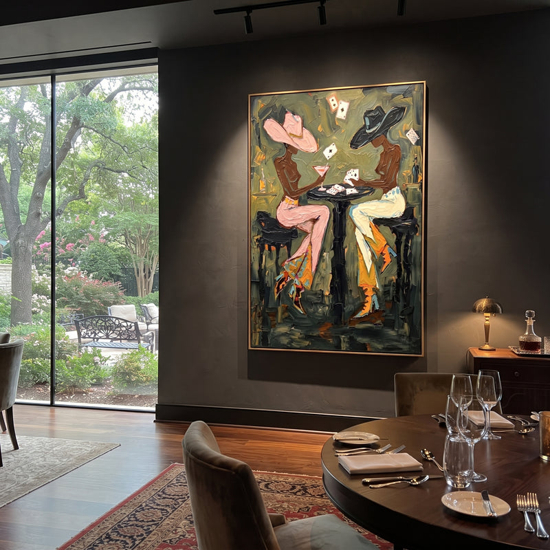 "Floating Card Martini Pair" - Modern Heavy Impasto Beach Figure Artwork | Green & Pink Palette Knife Painting | Luxury Vertical Wall Art #PT 2760