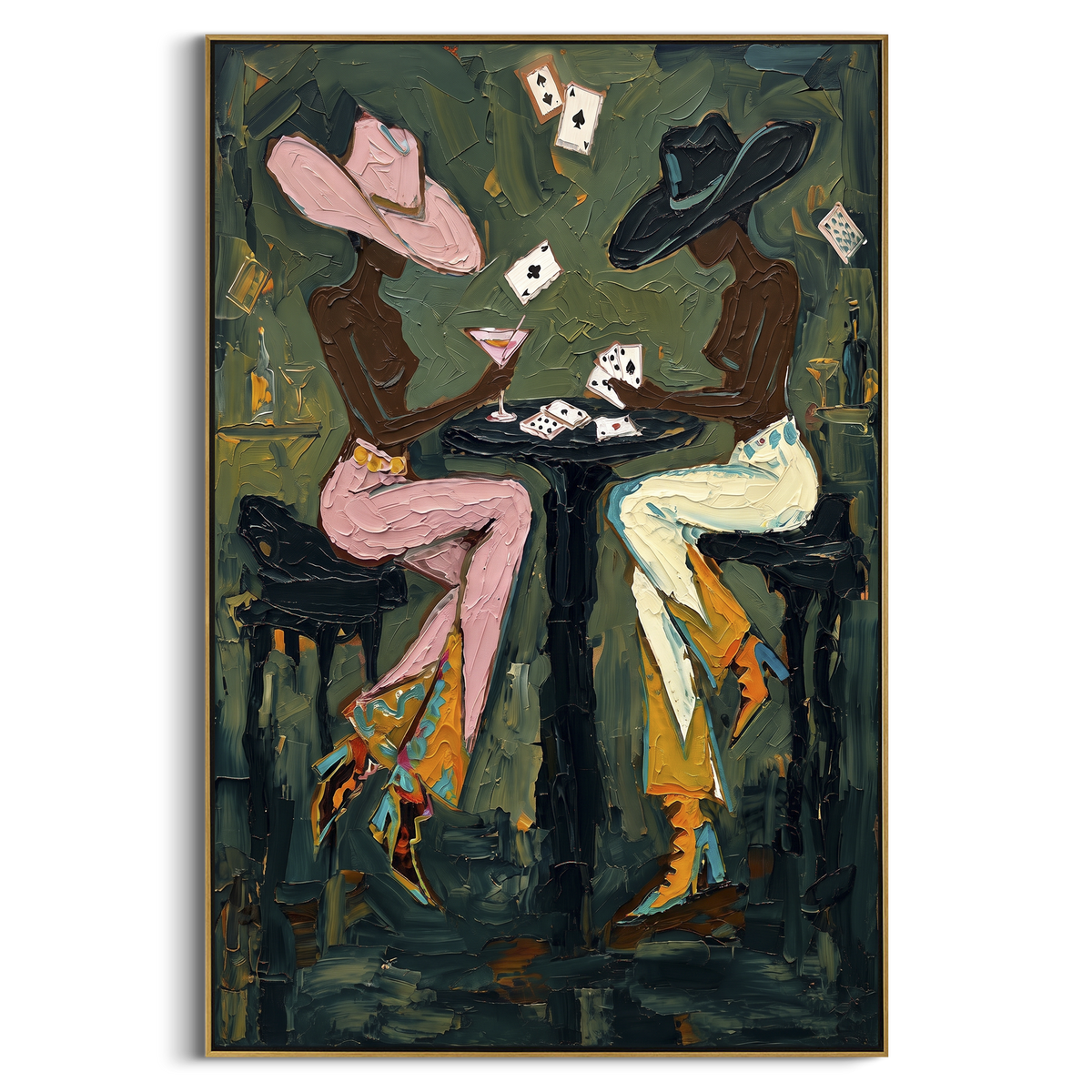 "Floating Card Martini Pair" - Modern Heavy Impasto Beach Figure Artwork | Green & Pink Palette Knife Painting | Luxury Vertical Wall Art #PT 2760