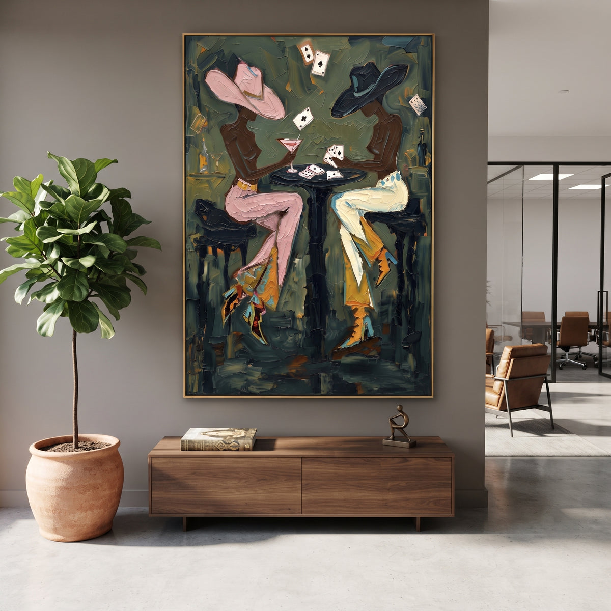 Floating Card Martini Pair focuses on floating card martini pair with two western figures, wide hats, black table or bar surface, martini glasses, floating playing cards, and dark olive saloon ground. The composition is built from the exact pose, clothing shape, accessories, furniture, animal form, shoreline, palm shape, surfboard, or table arrangement visible in this artwork, so the image reads as a specific modern figurative painting rather than a generic decorative abstract. The green; pink