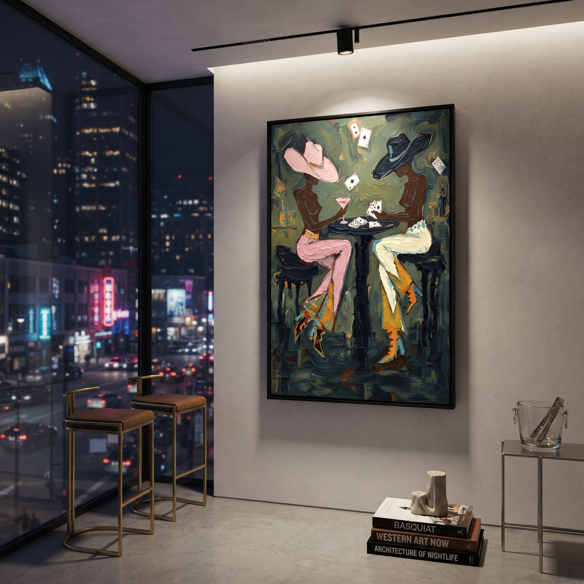 Floating Card Martini Pair focuses on floating card martini pair with two western figures, wide hats, black table or bar surface, martini glasses, floating playing cards, and dark olive saloon ground. The composition is built from the exact pose, clothing shape, accessories, furniture, animal form, shoreline, palm shape, surfboard, or table arrangement visible in this artwork, so the image reads as a specific modern figurative painting rather than a generic decorative abstract. The green; pink