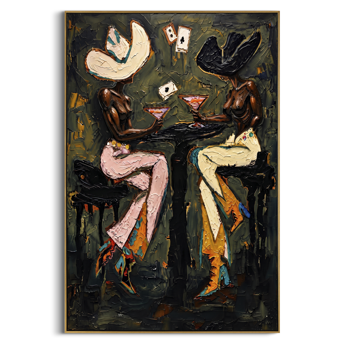 "Olive Wall Poker Figures" - Modern Heavy Impasto Beach Figure Artwork | Green & Pink Palette Knife Painting | Luxury Vertical Wall Art #PT 2761
