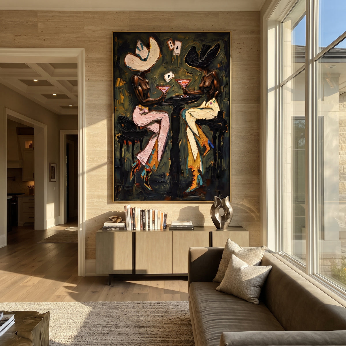 Olive Wall Poker Figures focuses on olive wall poker figures with two western figures, wide hats, black table or bar surface, martini glasses, floating playing cards, and dark olive saloon ground. The composition is built from the exact pose, clothing shape, accessories, furniture, animal form, shoreline, palm shape, surfboard, or table arrangement visible in this artwork, so the image reads as a specific modern figurative painting rather than a generic decorative abstract. The green; pink