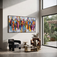 Colorful Jazz Band Line centers on a row of jazz musicians with saxophone, guitar, drums, and bright patchwork color blocks on a pale textured ground. The visual structure is specific to this artwork: the main instrument shapes, note marks, performer silhouettes, brush direction, and surrounding color fields are arranged as a single musical composition rather than as a generic decorative pattern. The blue, yellow, orange palette sets the mood, with dark linework, pale negative space, and
