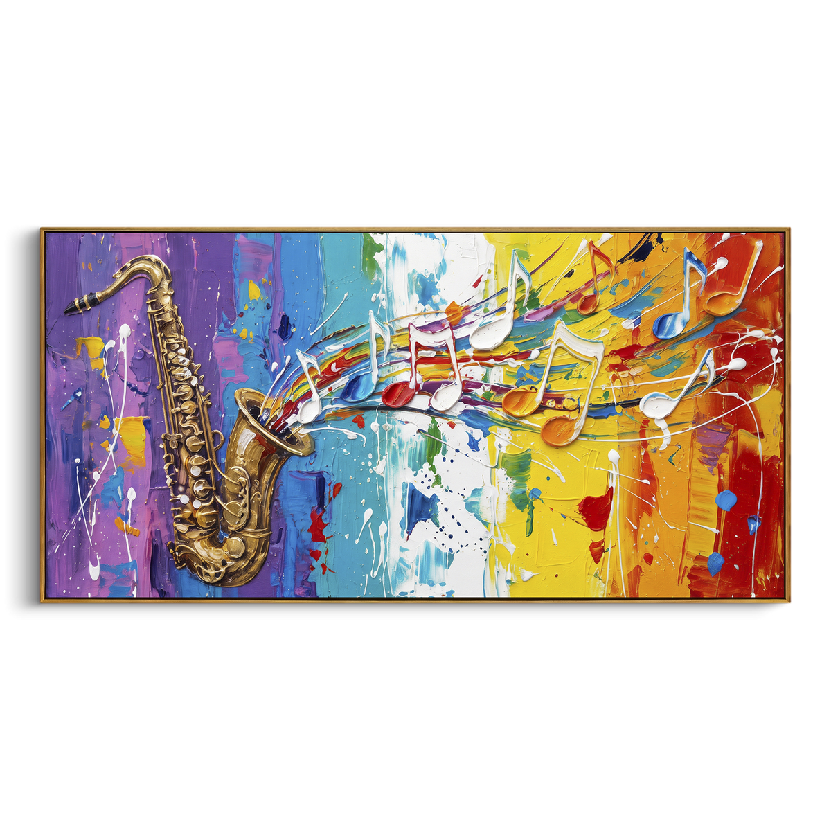 Saxophone Color Burst centers on a large golden saxophone releasing colorful notes, white staff lines, and red yellow blue paint movement. The visual structure is specific to this artwork: the main instrument shapes, note marks, performer silhouettes, brush direction, and surrounding color fields are arranged as a single musical composition rather than as a generic decorative pattern. The gold, yellow, blue palette sets the mood, with dark linework, pale negative space, and saturated accents