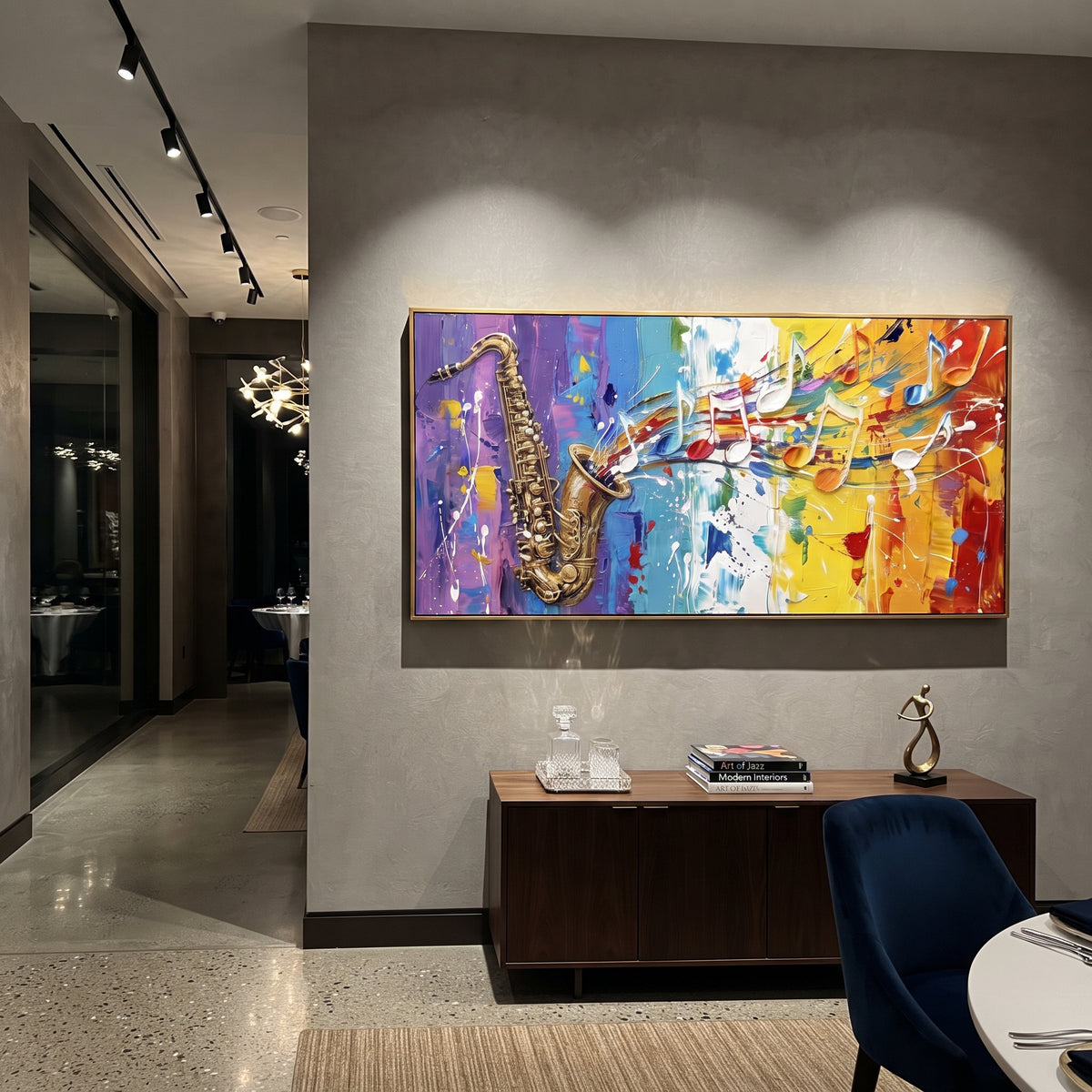 Saxophone Color Burst centers on a large golden saxophone releasing colorful notes, white staff lines, and red yellow blue paint movement. The visual structure is specific to this artwork: the main instrument shapes, note marks, performer silhouettes, brush direction, and surrounding color fields are arranged as a single musical composition rather than as a generic decorative pattern. The gold, yellow, blue palette sets the mood, with dark linework, pale negative space, and saturated accents