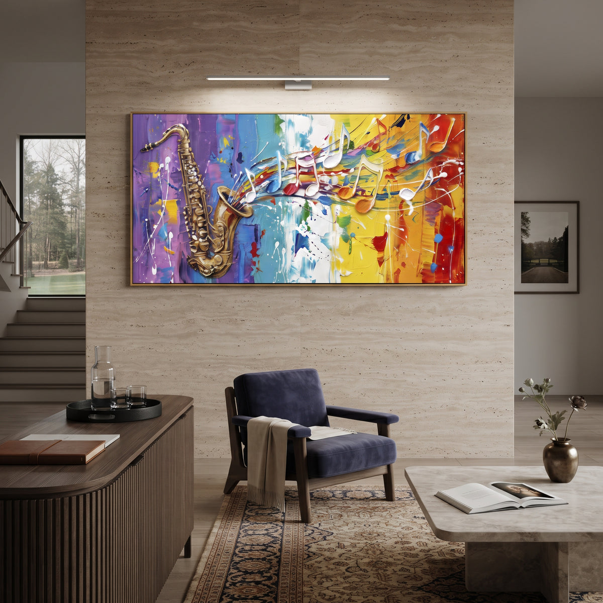 Saxophone Color Burst centers on a large golden saxophone releasing colorful notes, white staff lines, and red yellow blue paint movement. The visual structure is specific to this artwork: the main instrument shapes, note marks, performer silhouettes, brush direction, and surrounding color fields are arranged as a single musical composition rather than as a generic decorative pattern. The gold, yellow, blue palette sets the mood, with dark linework, pale negative space, and saturated accents