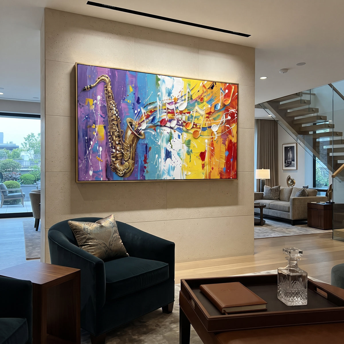 Saxophone Color Burst centers on a large golden saxophone releasing colorful notes, white staff lines, and red yellow blue paint movement. The visual structure is specific to this artwork: the main instrument shapes, note marks, performer silhouettes, brush direction, and surrounding color fields are arranged as a single musical composition rather than as a generic decorative pattern. The gold, yellow, blue palette sets the mood, with dark linework, pale negative space, and saturated accents
