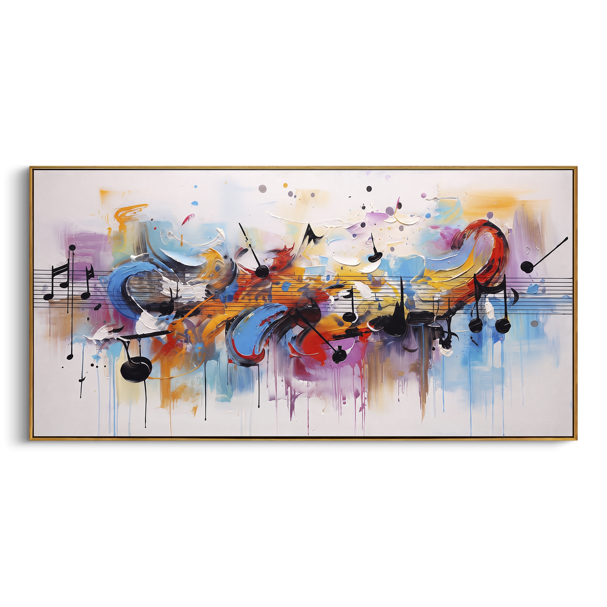 Abstract Drum Note Splash centers on an abstract music field with drum-like circles, black notes, orange sweeps, blue marks, and loose staff lines. The visual structure is specific to this artwork: the main instrument shapes, note marks, performer silhouettes, brush direction, and surrounding color fields are arranged as a single musical composition rather than as a generic decorative pattern. The orange, blue, black palette sets the mood, with dark linework, pale negative space, and saturated
