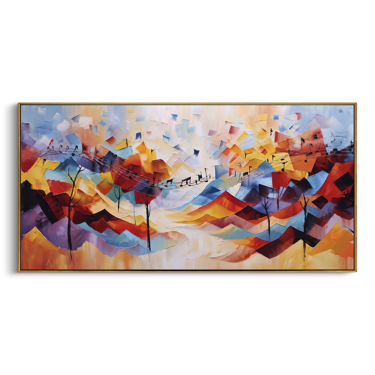 Mountain Rhythm Color Waves centers on layered angular color waves like mountains with black staff marks and warm orange red blue movement. The visual structure is specific to this artwork: the main instrument shapes, note marks, performer silhouettes, brush direction, and surrounding color fields are arranged as a single musical composition rather than as a generic decorative pattern. The orange, red, blue palette sets the mood, with dark linework, pale negative space, and saturated accents