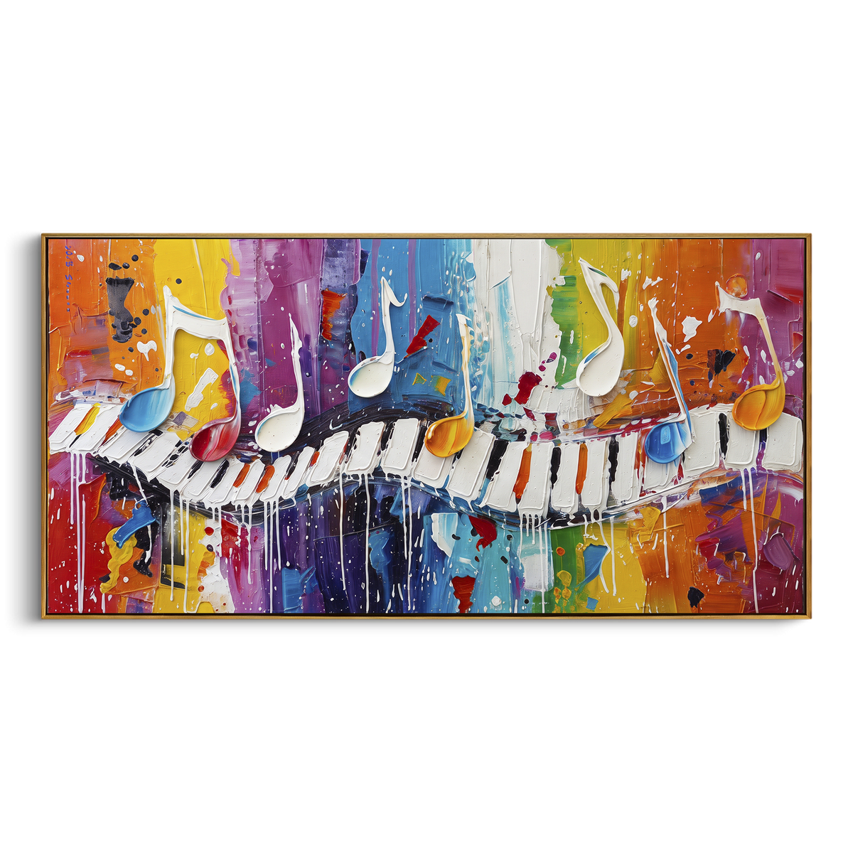 Rainbow Piano Keys centers on piano keys crossing a vivid rainbow color field with raised white notes and dripping paint accents. The visual structure is specific to this artwork: the main instrument shapes, note marks, performer silhouettes, brush direction, and surrounding color fields are arranged as a single musical composition rather than as a generic decorative pattern. The red, yellow, blue palette sets the mood, with dark linework, pale negative space, and saturated accents guiding the
