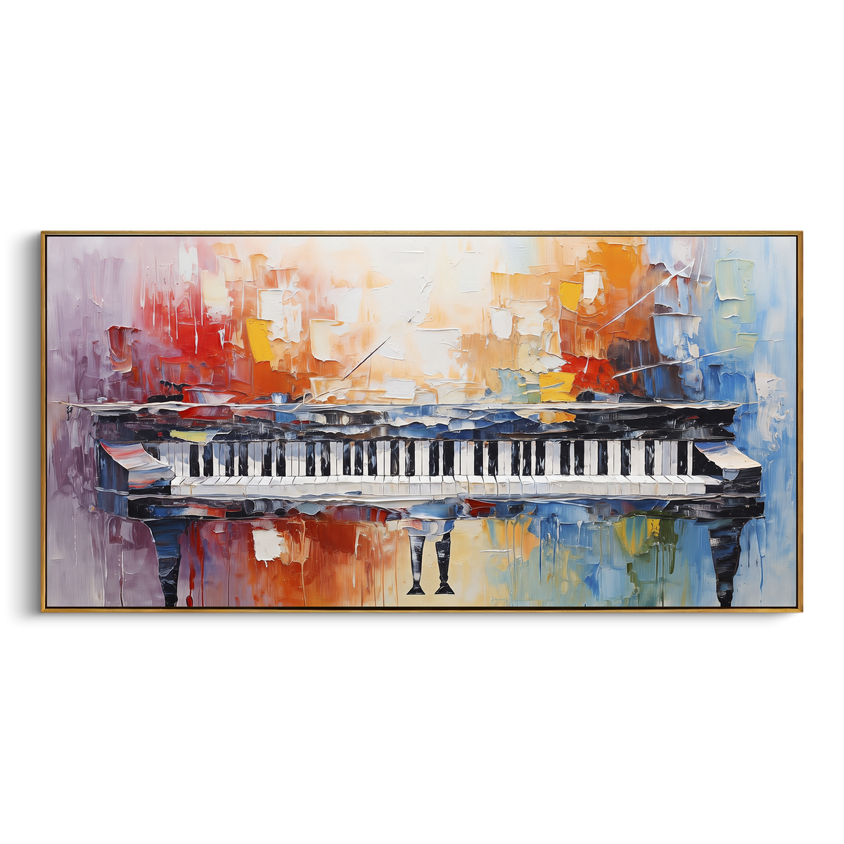 Grand Piano Color Reflection centers on a grand piano stretched across a warm orange blue abstract room with soft reflected keys. The visual structure is specific to this artwork: the main instrument shapes, note marks, performer silhouettes, brush direction, and surrounding color fields are arranged as a single musical composition rather than as a generic decorative pattern. The orange, blue, grey palette sets the mood, with dark linework, pale negative space, and saturated accents guiding the