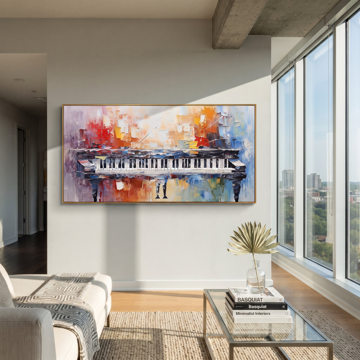Grand Piano Color Reflection centers on a grand piano stretched across a warm orange blue abstract room with soft reflected keys. The visual structure is specific to this artwork: the main instrument shapes, note marks, performer silhouettes, brush direction, and surrounding color fields are arranged as a single musical composition rather than as a generic decorative pattern. The orange, blue, grey palette sets the mood, with dark linework, pale negative space, and saturated accents guiding the