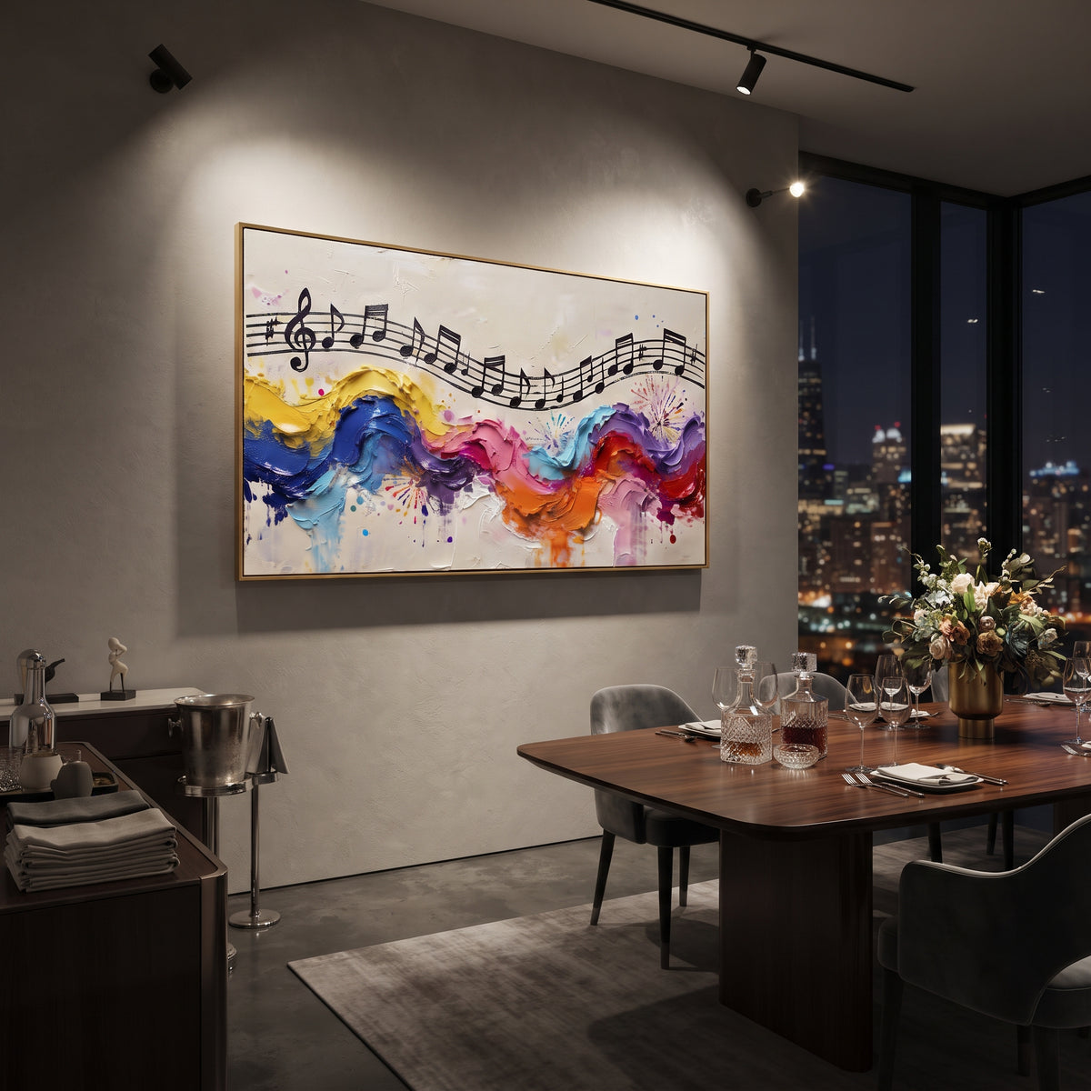 Rainbow Staff Wave centers on black music staff riding over thick yellow blue pink red waves and splattered white ground. The visual structure is specific to this artwork: the main instrument shapes, note marks, performer silhouettes, brush direction, and surrounding color fields are arranged as a single musical composition rather than as a generic decorative pattern. The yellow, blue, pink palette sets the mood, with dark linework, pale negative space, and saturated accents guiding the eye