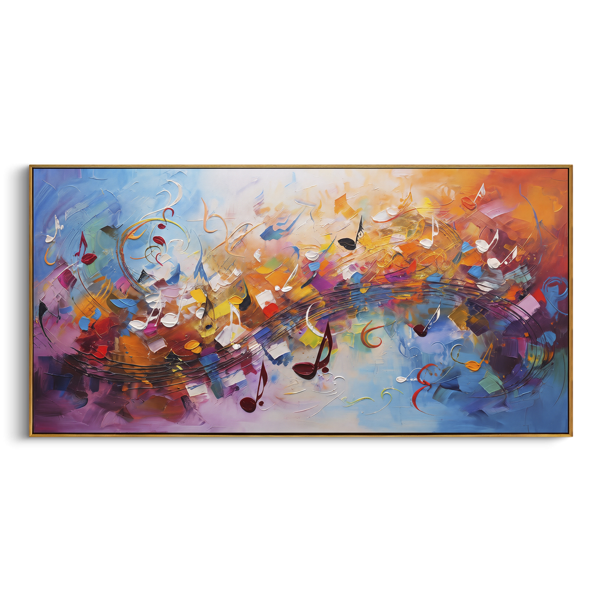 Color Storm Music Notes centers on dense colorful music storm with blue pink orange purple blocks, drifting black notes, and bright white accents. The visual structure is specific to this artwork: the main instrument shapes, note marks, performer silhouettes, brush direction, and surrounding color fields are arranged as a single musical composition rather than as a generic decorative pattern. The blue, pink, orange palette sets the mood, with dark linework, pale negative space, and saturated