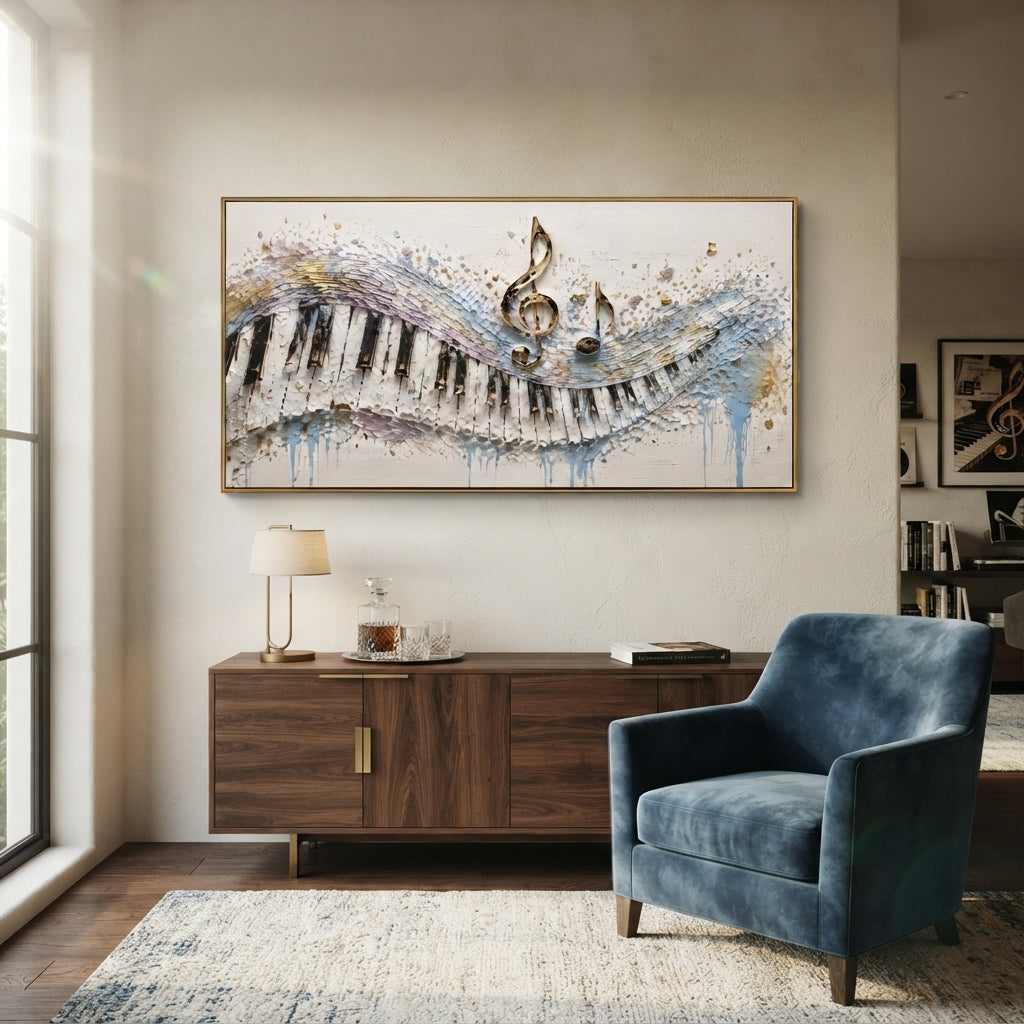 Blue Piano Treble Sweep centers on piano keys and gold treble clef floating in blue white textured sweep with soft metallic splashes. The visual structure is specific to this artwork: the main instrument shapes, note marks, performer silhouettes, brush direction, and surrounding color fields are arranged as a single musical composition rather than as a generic decorative pattern. The blue, white, gold palette sets the mood, with dark linework, pale negative space, and saturated accents guiding