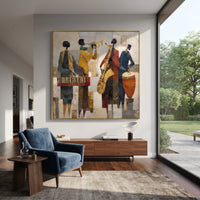 Cubist Brass Quartet centers on four cubist musicians with trumpet, saxophone, keyboard, and drum in ochre blue red neutral blocks. The visual structure is specific to this artwork: the main instrument shapes, note marks, performer silhouettes, brush direction, and surrounding color fields are arranged as a single musical composition rather than as a generic decorative pattern. The yellow, blue, red palette sets the mood, with dark linework, pale negative space, and saturated accents guiding the
