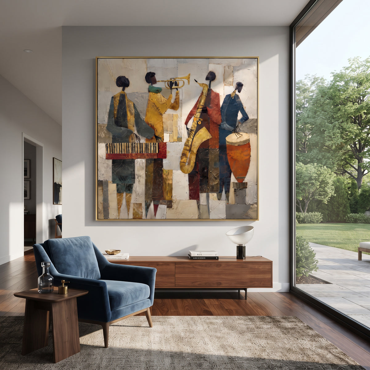 Cubist Brass Quartet centers on four cubist musicians with trumpet, saxophone, keyboard, and drum in ochre blue red neutral blocks. The visual structure is specific to this artwork: the main instrument shapes, note marks, performer silhouettes, brush direction, and surrounding color fields are arranged as a single musical composition rather than as a generic decorative pattern. The yellow, blue, red palette sets the mood, with dark linework, pale negative space, and saturated accents guiding the