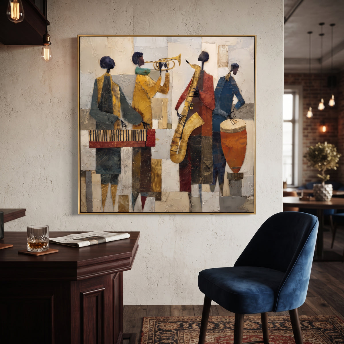Cubist Brass Quartet centers on four cubist musicians with trumpet, saxophone, keyboard, and drum in ochre blue red neutral blocks. The visual structure is specific to this artwork: the main instrument shapes, note marks, performer silhouettes, brush direction, and surrounding color fields are arranged as a single musical composition rather than as a generic decorative pattern. The yellow, blue, red palette sets the mood, with dark linework, pale negative space, and saturated accents guiding the