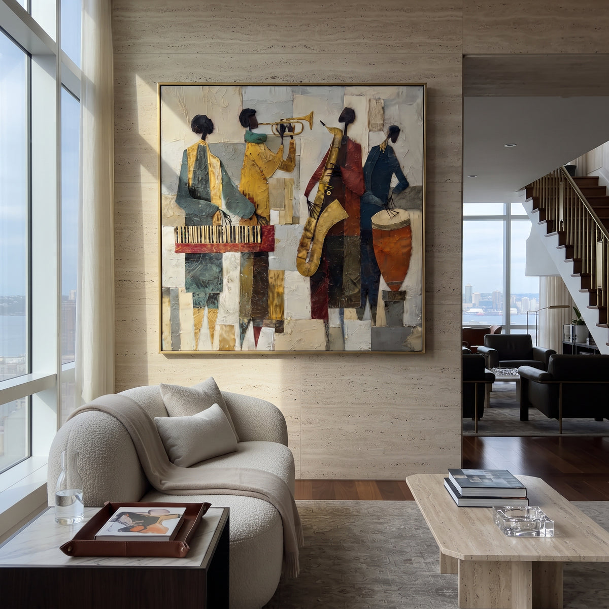 Cubist Brass Quartet centers on four cubist musicians with trumpet, saxophone, keyboard, and drum in ochre blue red neutral blocks. The visual structure is specific to this artwork: the main instrument shapes, note marks, performer silhouettes, brush direction, and surrounding color fields are arranged as a single musical composition rather than as a generic decorative pattern. The yellow, blue, red palette sets the mood, with dark linework, pale negative space, and saturated accents guiding the