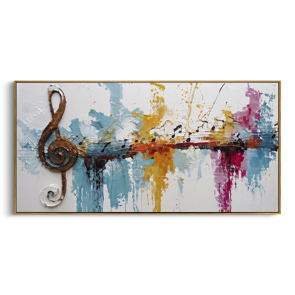 Copper Treble Line centers on large copper treble clef with black staff line, blue white ground, and red yellow vertical drips. The visual structure is specific to this artwork: the main instrument shapes, note marks, performer silhouettes, brush direction, and surrounding color fields are arranged as a single musical composition rather than as a generic decorative pattern. The brown, blue, red palette sets the mood, with dark linework, pale negative space, and saturated accents guiding the eye