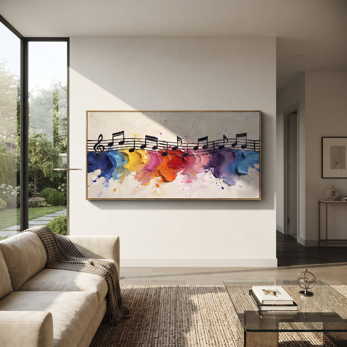 Rainbow Note Staff centers on black staff notes crossing a rainbow band of yellow red purple blue color on a clean white field. The visual structure is specific to this artwork: the main instrument shapes, note marks, performer silhouettes, brush direction, and surrounding color fields are arranged as a single musical composition rather than as a generic decorative pattern. The yellow, red, blue palette sets the mood, with dark linework, pale negative space, and saturated accents guiding the eye