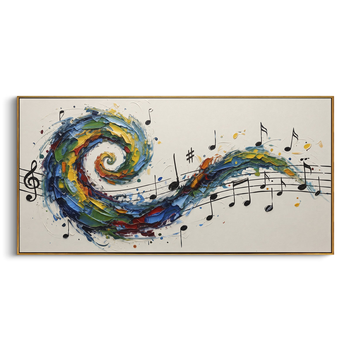 Gold Leaf Music Wave centers on square textured work with black staff, gold leaf fragments, and blue raised wave at the lower edge. The visual structure is specific to this artwork: the main instrument shapes, note marks, performer silhouettes, brush direction, and surrounding color fields are arranged as a single musical composition rather than as a generic decorative pattern. The blue, gold, white palette sets the mood, with dark linework, pale negative space, and saturated accents guiding the