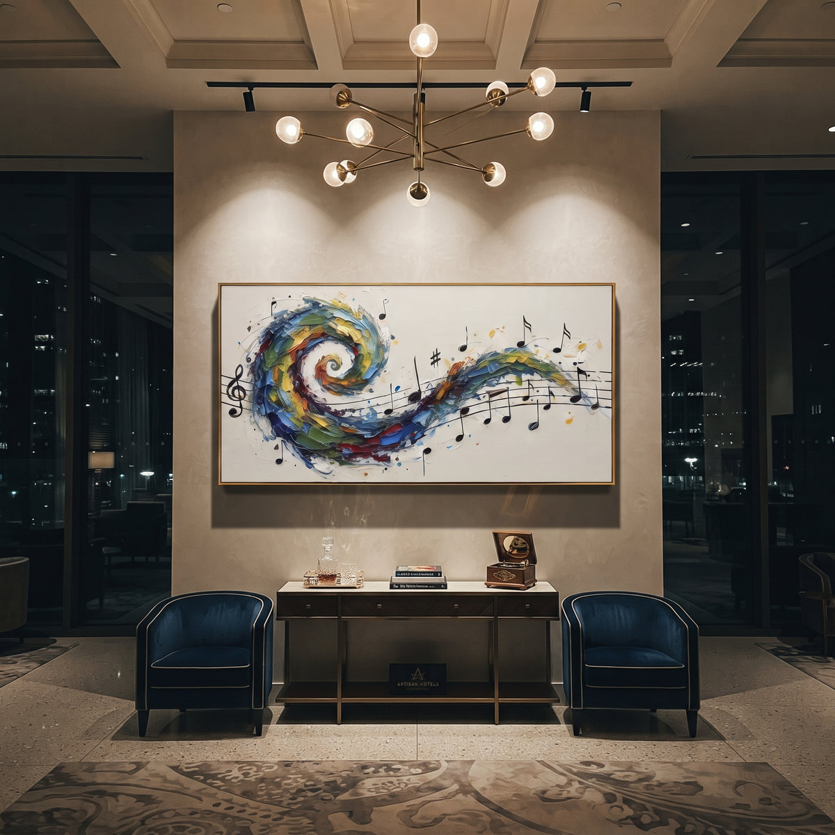 Gold Leaf Music Wave centers on square textured work with black staff, gold leaf fragments, and blue raised wave at the lower edge. The visual structure is specific to this artwork: the main instrument shapes, note marks, performer silhouettes, brush direction, and surrounding color fields are arranged as a single musical composition rather than as a generic decorative pattern. The blue, gold, white palette sets the mood, with dark linework, pale negative space, and saturated accents guiding the