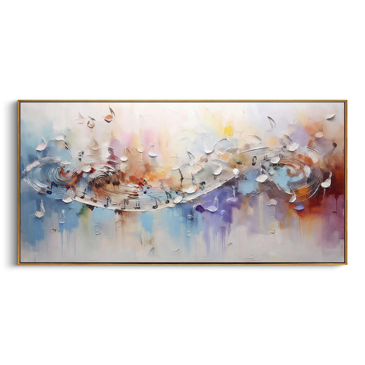 Black Gold Music Sweep centers on black and gold musical sweep with treble clef, raised notes, and warm cream plaster texture. The visual structure is specific to this artwork: the main instrument shapes, note marks, performer silhouettes, brush direction, and surrounding color fields are arranged as a single musical composition rather than as a generic decorative pattern. The black, gold, beige palette sets the mood, with dark linework, pale negative space, and saturated accents guiding the eye