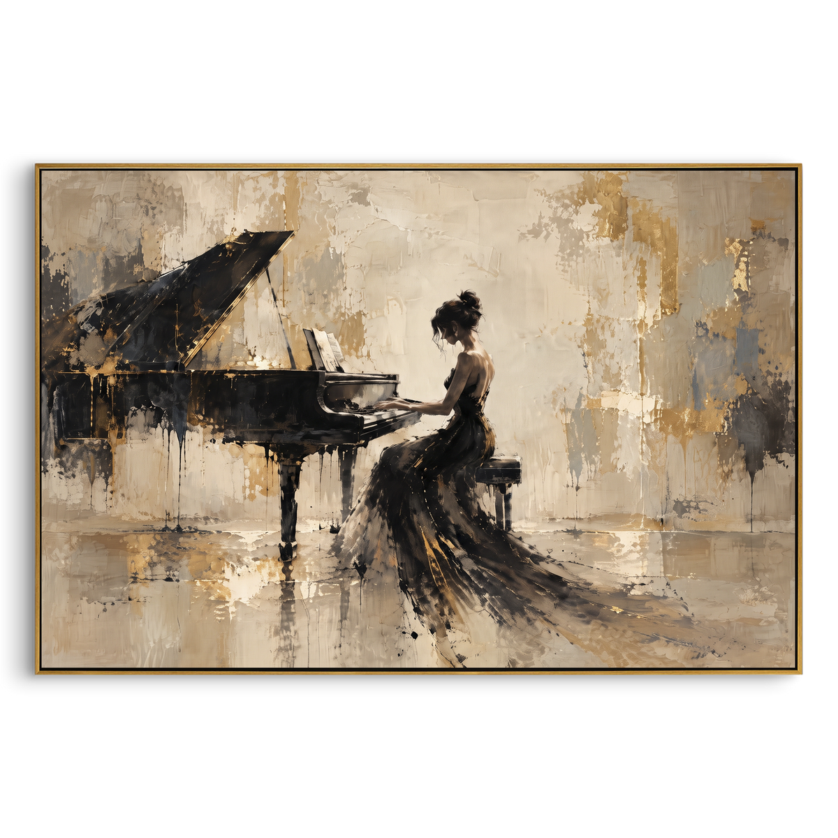 "Abstract Piano Interior" - Modern Heavy Impasto Abstract Artwork | Beige & Black Palette Knife Painting | Luxury Horizontal Wall Art #PT 2786