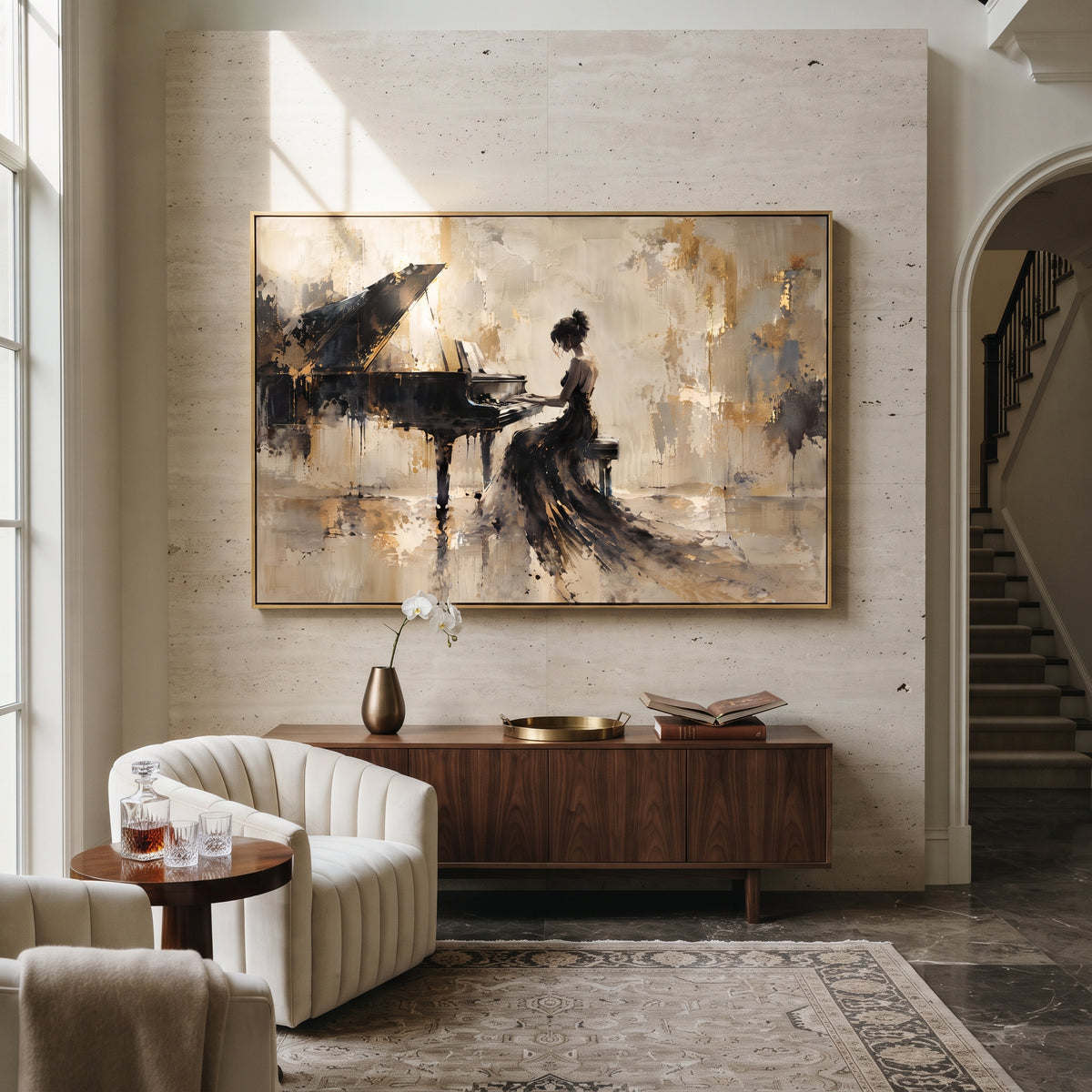 Abstract Piano Interior centers on wide abstract view of grand piano keys and lid in beige black brown scraped texture. The visual structure is specific to this artwork: the main instrument shapes, note marks, performer silhouettes, brush direction, and surrounding color fields are arranged as a single musical composition rather than as a generic decorative pattern. The beige, black, brown palette sets the mood, with dark linework, pale negative space, and saturated accents guiding the eye
