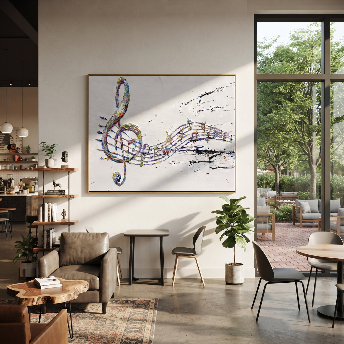 Golden Violin Linework centers on golden violin form stretched across white field with blue black brown splattered string marks. The visual structure is specific to this artwork: the main instrument shapes, note marks, performer silhouettes, brush direction, and surrounding color fields are arranged as a single musical composition rather than as a generic decorative pattern. The gold, blue, brown palette sets the mood, with dark linework, pale negative space, and saturated accents guiding the