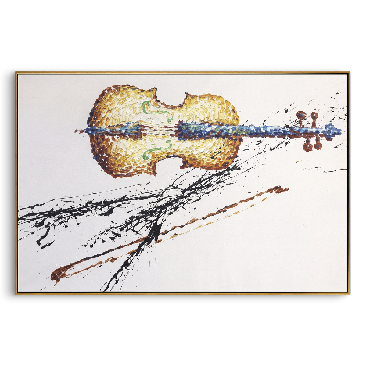 Mosaic Guitar Linework centers on mosaic colored guitar silhouette with red blue yellow patches and black sketch-like strings. The visual structure is specific to this artwork: the main instrument shapes, note marks, performer silhouettes, brush direction, and surrounding color fields are arranged as a single musical composition rather than as a generic decorative pattern. The red, blue, yellow palette sets the mood, with dark linework, pale negative space, and saturated accents guiding the eye