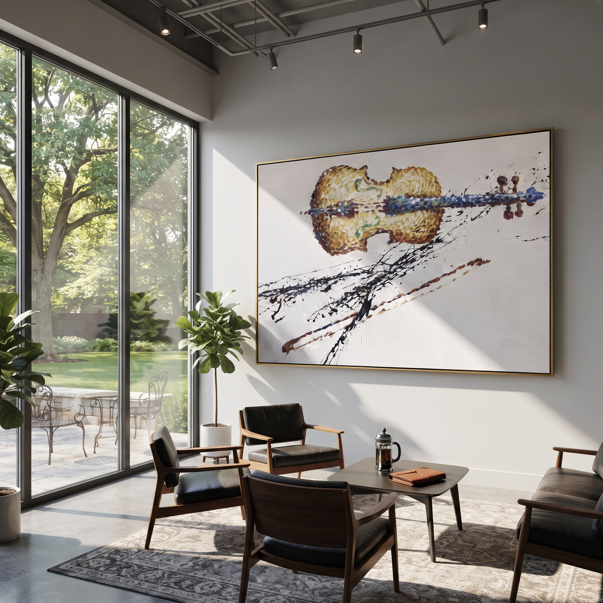 Mosaic Guitar Linework centers on mosaic colored guitar silhouette with red blue yellow patches and black sketch-like strings. The visual structure is specific to this artwork: the main instrument shapes, note marks, performer silhouettes, brush direction, and surrounding color fields are arranged as a single musical composition rather than as a generic decorative pattern. The red, blue, yellow palette sets the mood, with dark linework, pale negative space, and saturated accents guiding the eye