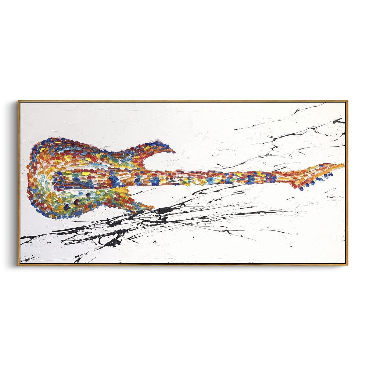 Blue Electric Guitar Portrait centers on vertical blue electric guitar rendered with smoky blue washes and dark hardware on white ground. The visual structure is specific to this artwork: the main instrument shapes, note marks, performer silhouettes, brush direction, and surrounding color fields are arranged as a single musical composition rather than as a generic decorative pattern. The blue, black, white palette sets the mood, with dark linework, pale negative space, and saturated accents
