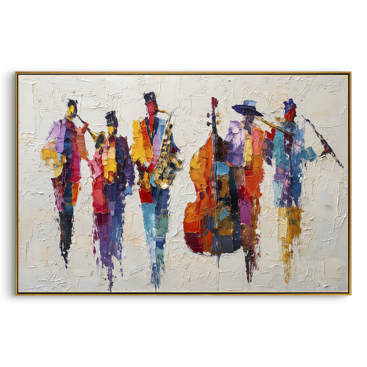 Silver Treble Color Staff centers on large silver treble clef over blue red yellow staff marks and thick white plaster texture. The visual structure is specific to this artwork: the main instrument shapes, note marks, performer silhouettes, brush direction, and surrounding color fields are arranged as a single musical composition rather than as a generic decorative pattern. The white, blue, red palette sets the mood, with dark linework, pale negative space, and saturated accents guiding the eye