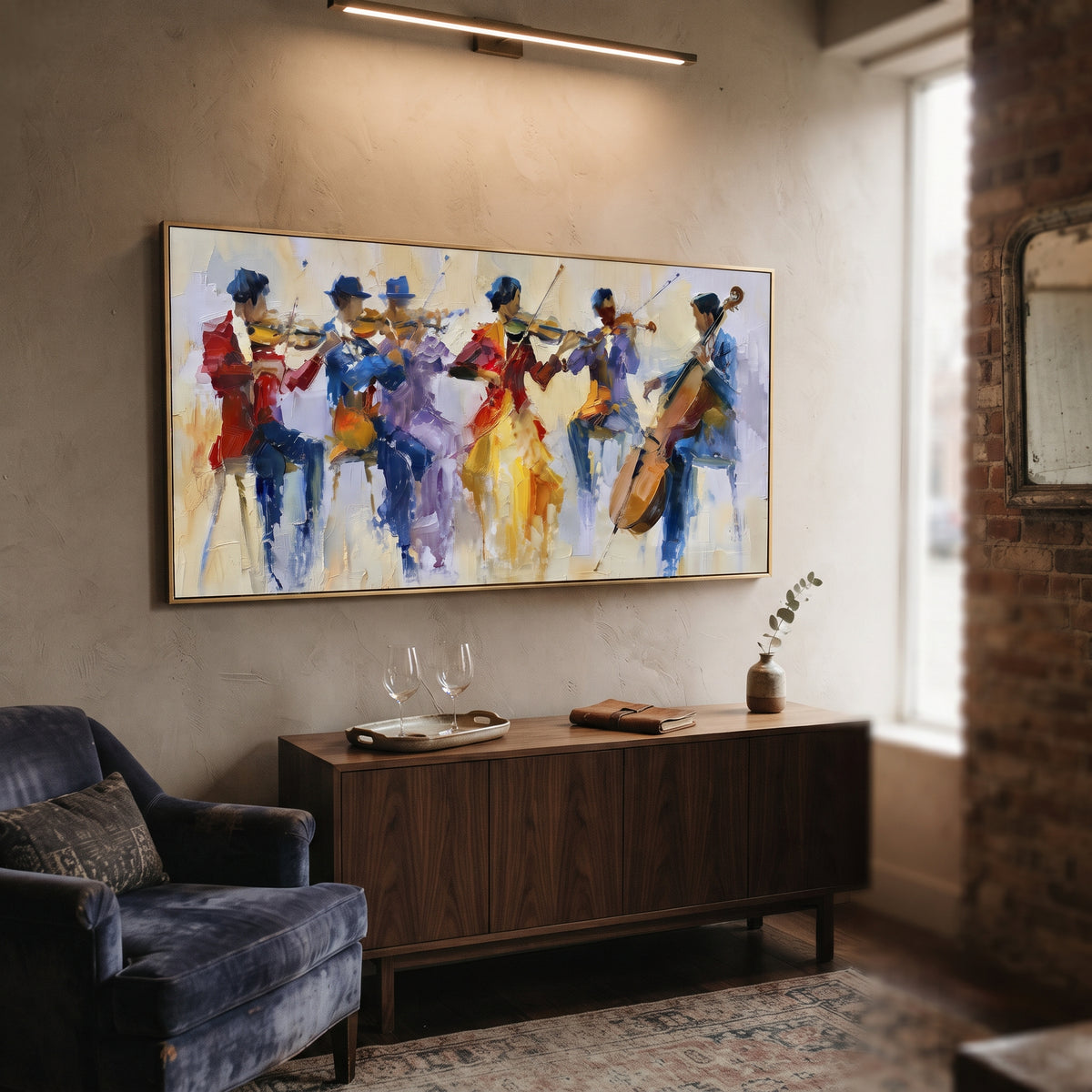 Jazz Parade Texture centers on row of jazz musicians in hats with saxophone, brass, upright bass, and heavy white texture. The visual structure is specific to this artwork: the main instrument shapes, note marks, performer silhouettes, brush direction, and surrounding color fields are arranged as a single musical composition rather than as a generic decorative pattern. The white, blue, red palette sets the mood, with dark linework, pale negative space, and saturated accents guiding the eye