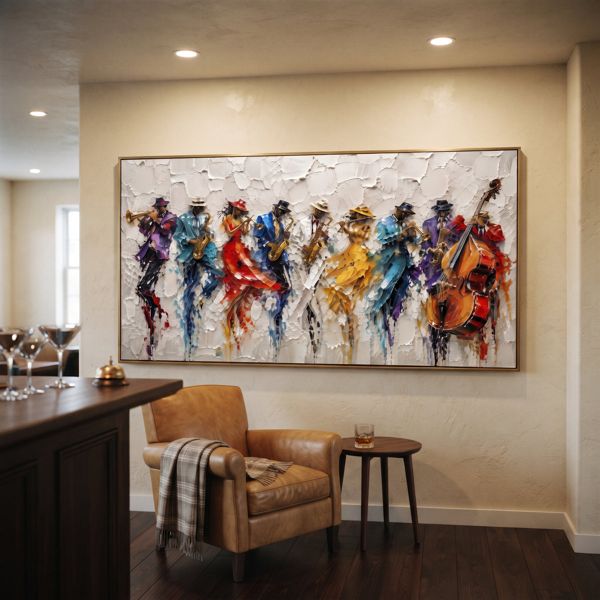 Bursting Saxophone Solo centers on vertical saxophone exploding into multicolor feather-like strokes from a white blue background. The visual structure is specific to this artwork: the main instrument shapes, note marks, performer silhouettes, brush direction, and surrounding color fields are arranged as a single musical composition rather than as a generic decorative pattern. The blue, yellow, orange palette sets the mood, with dark linework, pale negative space, and saturated accents guiding