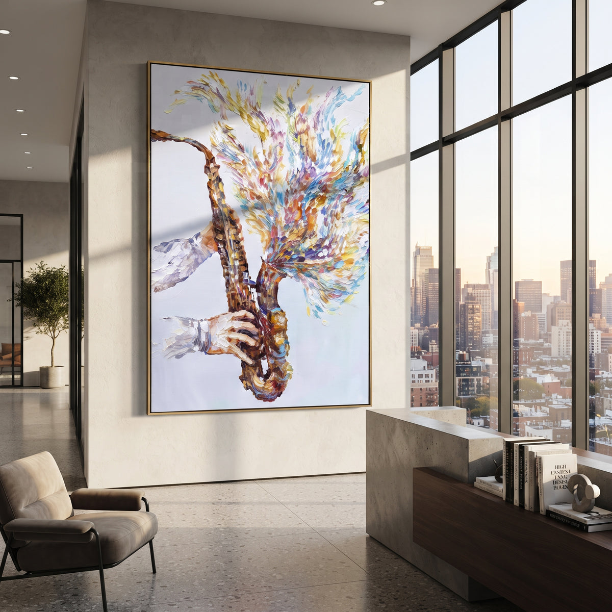 Purple Music Cloud centers on rich purple orange blue abstract music cloud with scattered notes and warm glowing center. The visual structure is specific to this artwork: the main instrument shapes, note marks, performer silhouettes, brush direction, and surrounding color fields are arranged as a single musical composition rather than as a generic decorative pattern. The purple, orange, blue palette sets the mood, with dark linework, pale negative space, and saturated accents guiding the eye