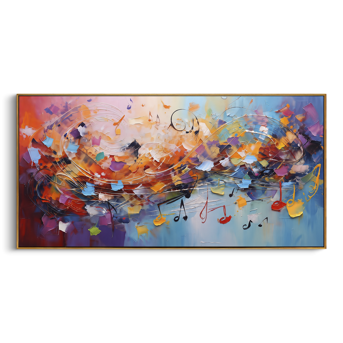 Purple Music Cloud Variation centers on deep purple orange blue music cloud with drifting notes, warm center light, and broad horizontal movement. The visual structure is specific to this artwork: the main instrument shapes, note marks, performer silhouettes, brush direction, and surrounding color fields are arranged as a single musical composition rather than as a generic decorative pattern. The purple, orange, blue palette sets the mood, with dark linework, pale negative space, and saturated