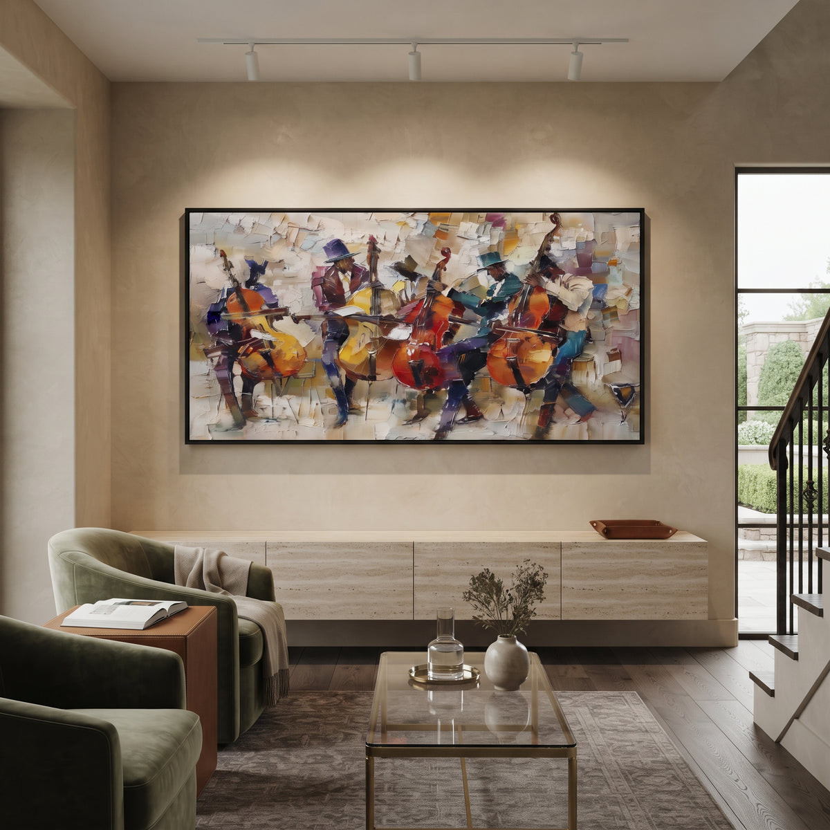 Cello Chamber Group centers on small chamber group of seated cellists with warm orange instruments on muted beige studio ground. The visual structure is specific to this artwork: the main instrument shapes, note marks, performer silhouettes, brush direction, and surrounding color fields are arranged as a single musical composition rather than as a generic decorative pattern. The orange, beige, blue palette sets the mood, with dark linework, pale negative space, and saturated accents guiding the