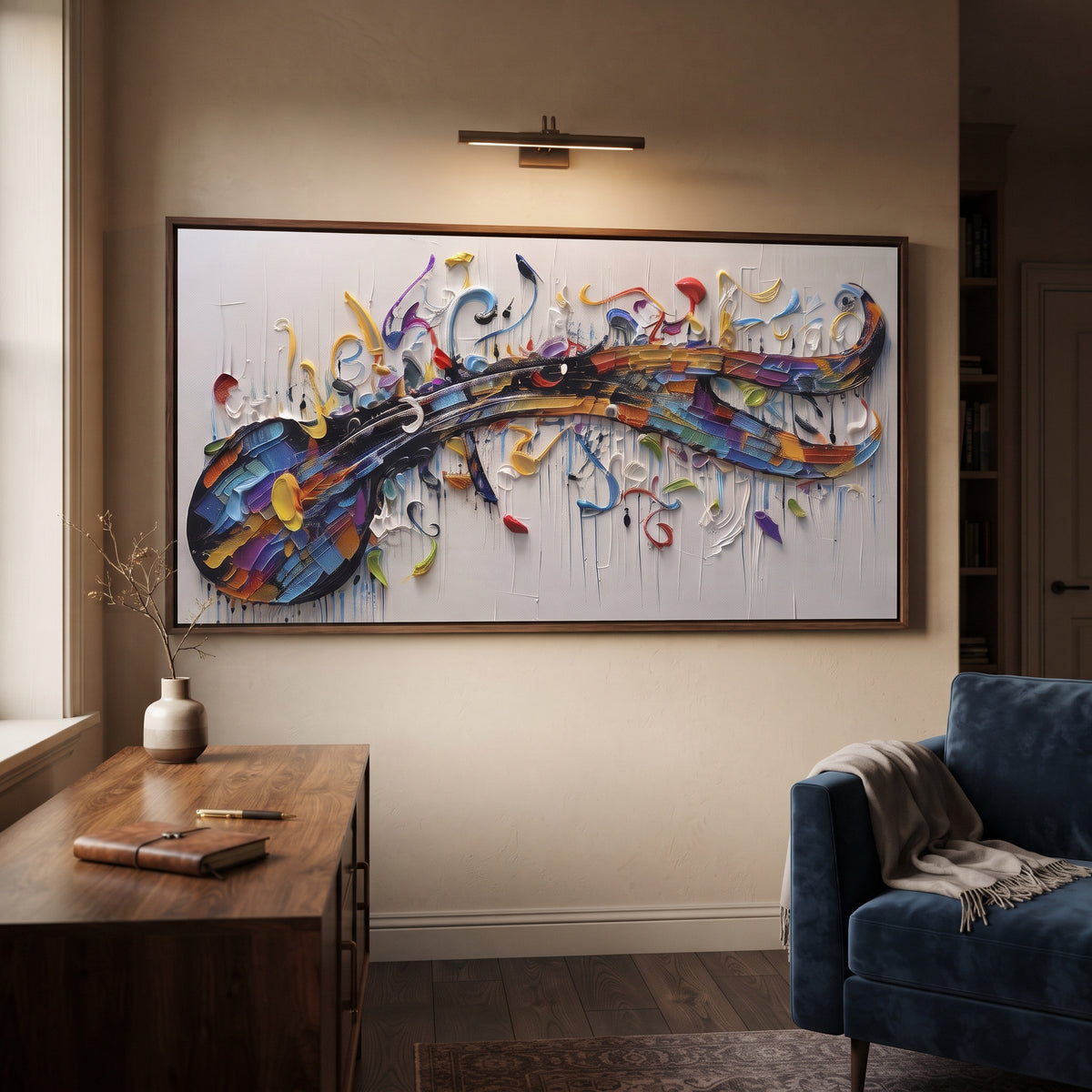 Curved Keyboard Melody centers on curved piano keyboard and colorful raised music notes sweeping across a white textured ground. The visual structure is specific to this artwork: the main instrument shapes, note marks, performer silhouettes, brush direction, and surrounding color fields are arranged as a single musical composition rather than as a generic decorative pattern. The blue, yellow, red palette sets the mood, with dark linework, pale negative space, and saturated accents guiding the
