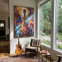 Color Block Guitar Standing centers on vertical guitar standing over colorful red blue orange block background with warm wood body. The visual structure is specific to this artwork: the main instrument shapes, note marks, performer silhouettes, brush direction, and surrounding color fields are arranged as a single musical composition rather than as a generic decorative pattern. The brown, red, blue palette sets the mood, with dark linework, pale negative space, and saturated accents guiding the