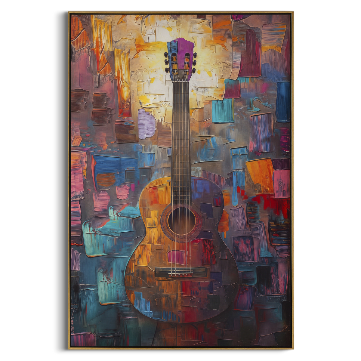 Color Block Guitar Standing centers on vertical guitar standing over colorful red blue orange block background with warm wood body. The visual structure is specific to this artwork: the main instrument shapes, note marks, performer silhouettes, brush direction, and surrounding color fields are arranged as a single musical composition rather than as a generic decorative pattern. The brown, red, blue palette sets the mood, with dark linework, pale negative space, and saturated accents guiding the