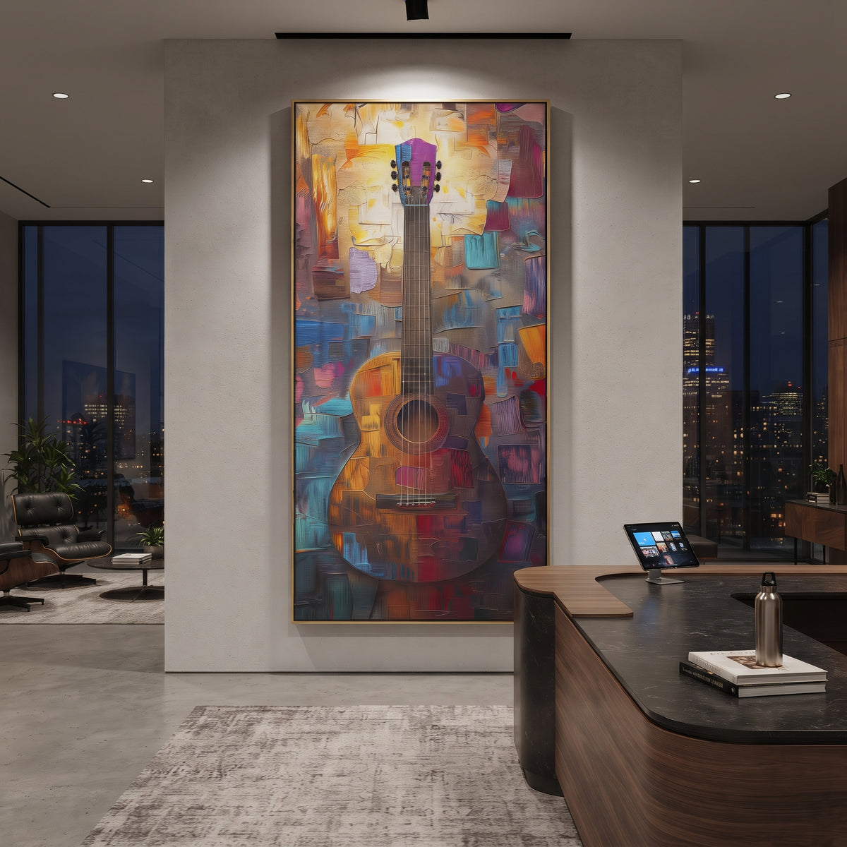 Color Block Guitar Standing centers on vertical guitar standing over colorful red blue orange block background with warm wood body. The visual structure is specific to this artwork: the main instrument shapes, note marks, performer silhouettes, brush direction, and surrounding color fields are arranged as a single musical composition rather than as a generic decorative pattern. The brown, red, blue palette sets the mood, with dark linework, pale negative space, and saturated accents guiding the