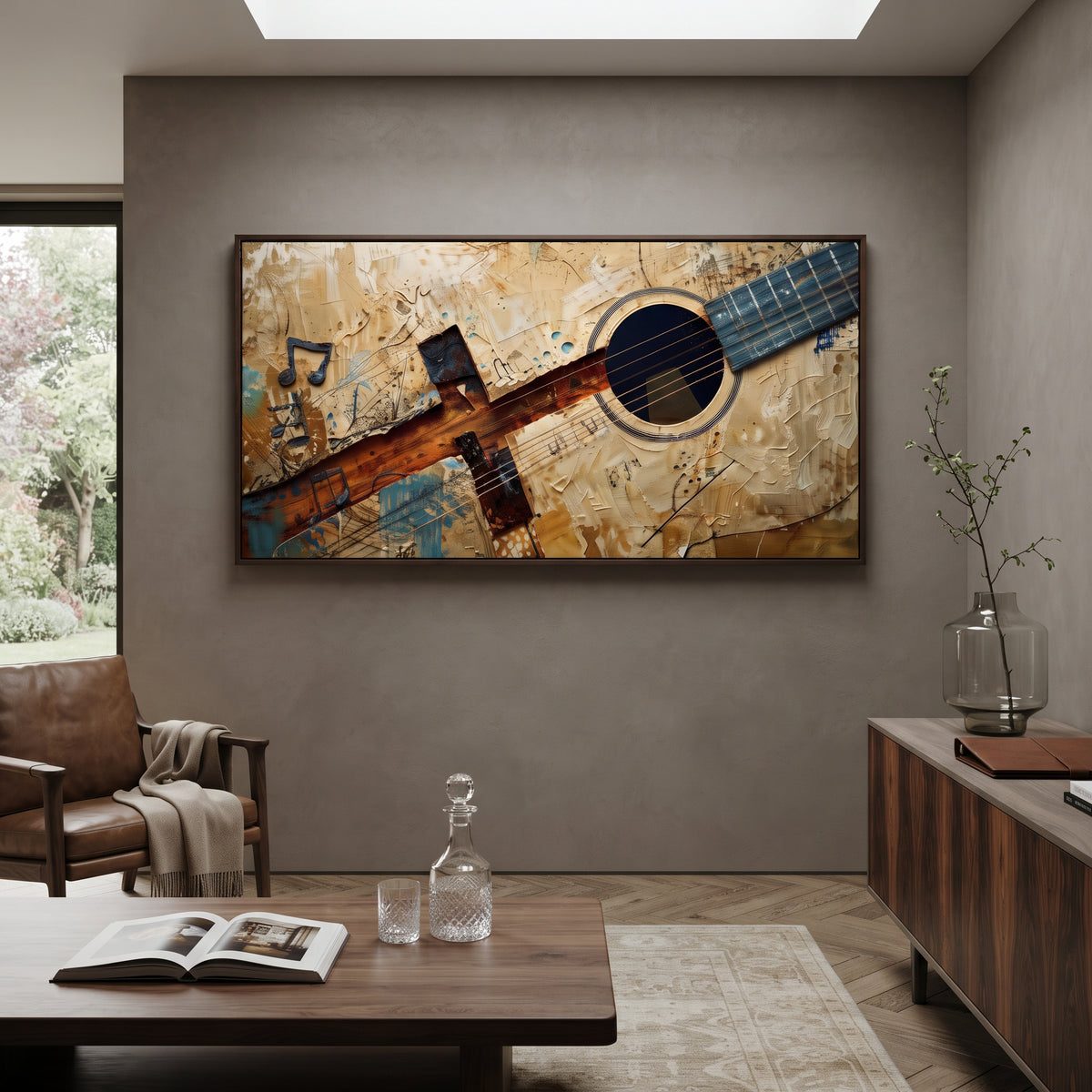 Rustic Guitar Score centers on wide rustic guitar crossing beige music-score texture with blue neck and black note marks. The visual structure is specific to this artwork: the main instrument shapes, note marks, performer silhouettes, brush direction, and surrounding color fields are arranged as a single musical composition rather than as a generic decorative pattern. The brown, beige, blue palette sets the mood, with dark linework, pale negative space, and saturated accents guiding the eye