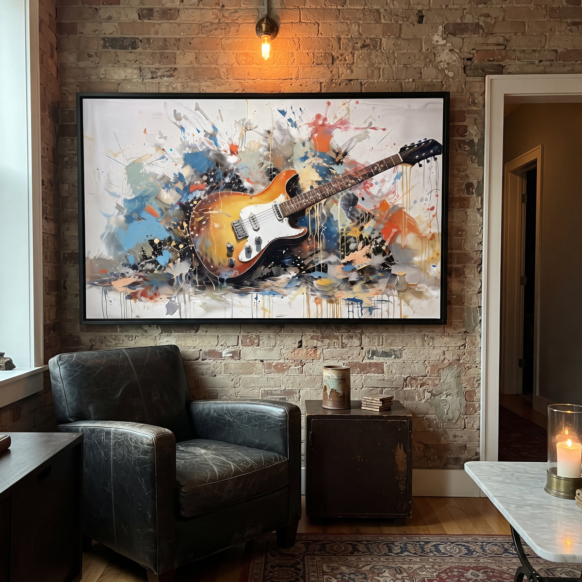Electric Guitar Splash centers on orange electric guitar lying in blue black orange splashes on a pale stage-like ground. The visual structure is specific to this artwork: the main instrument shapes, note marks, performer silhouettes, brush direction, and surrounding color fields are arranged as a single musical composition rather than as a generic decorative pattern. The orange, blue, black palette sets the mood, with dark linework, pale negative space, and saturated accents guiding the eye