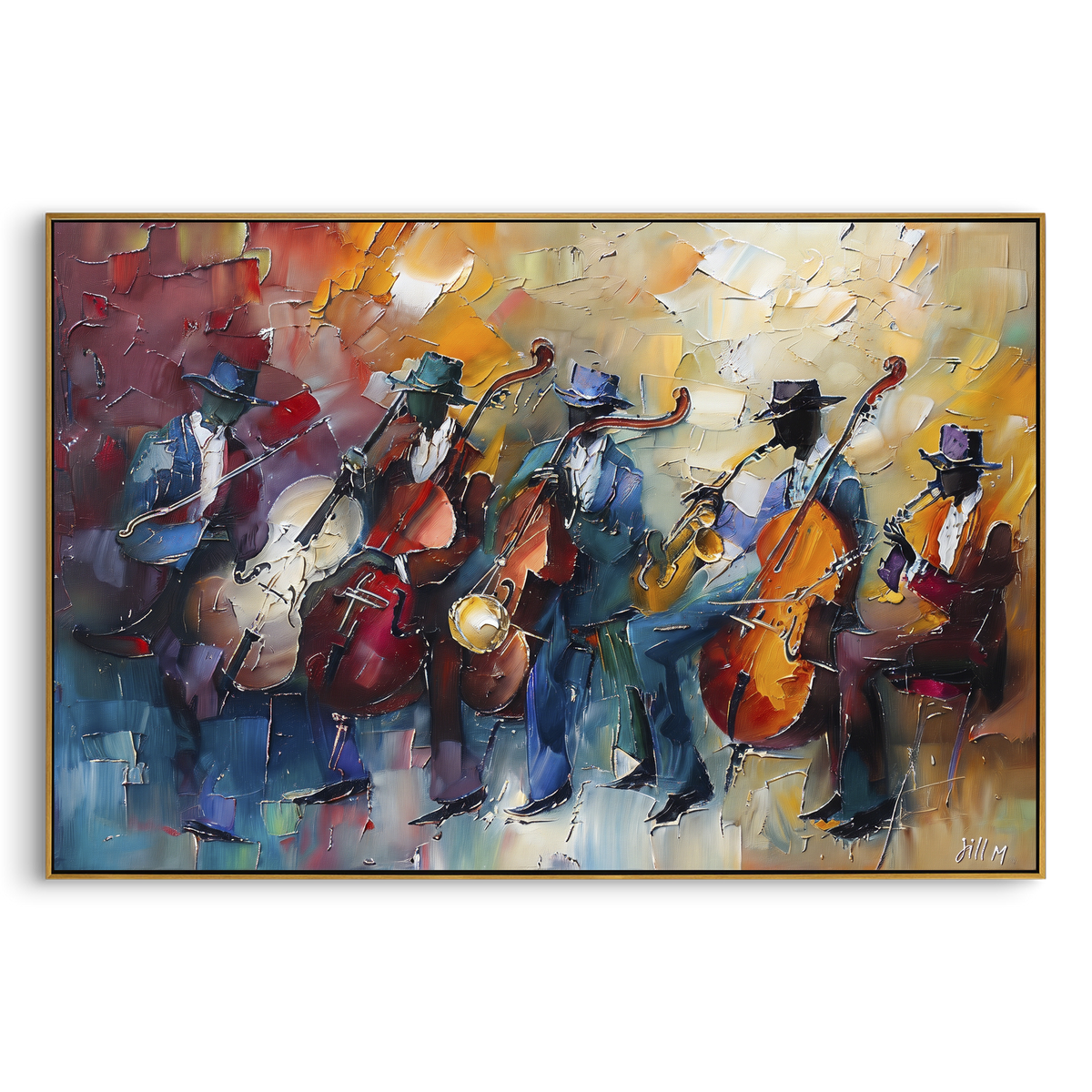 Jazz Band Blue Stage centers on jazz band in hats playing saxophone, bass, trumpet, and drums under warm orange light. The visual structure is specific to this artwork: the main instrument shapes, note marks, performer silhouettes, brush direction, and surrounding color fields are arranged as a single musical composition rather than as a generic decorative pattern. The blue, orange, red palette sets the mood, with dark linework, pale negative space, and saturated accents guiding the eye through