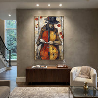 Cellist Portrait Red Wall centers on vertical cellist in dark hat holding orange cello against aged white wall and red accents. The visual structure is specific to this artwork: the main instrument shapes, note marks, performer silhouettes, brush direction, and surrounding color fields are arranged as a single musical composition rather than as a generic decorative pattern. The orange, black, white palette sets the mood, with dark linework, pale negative space, and saturated accents guiding the